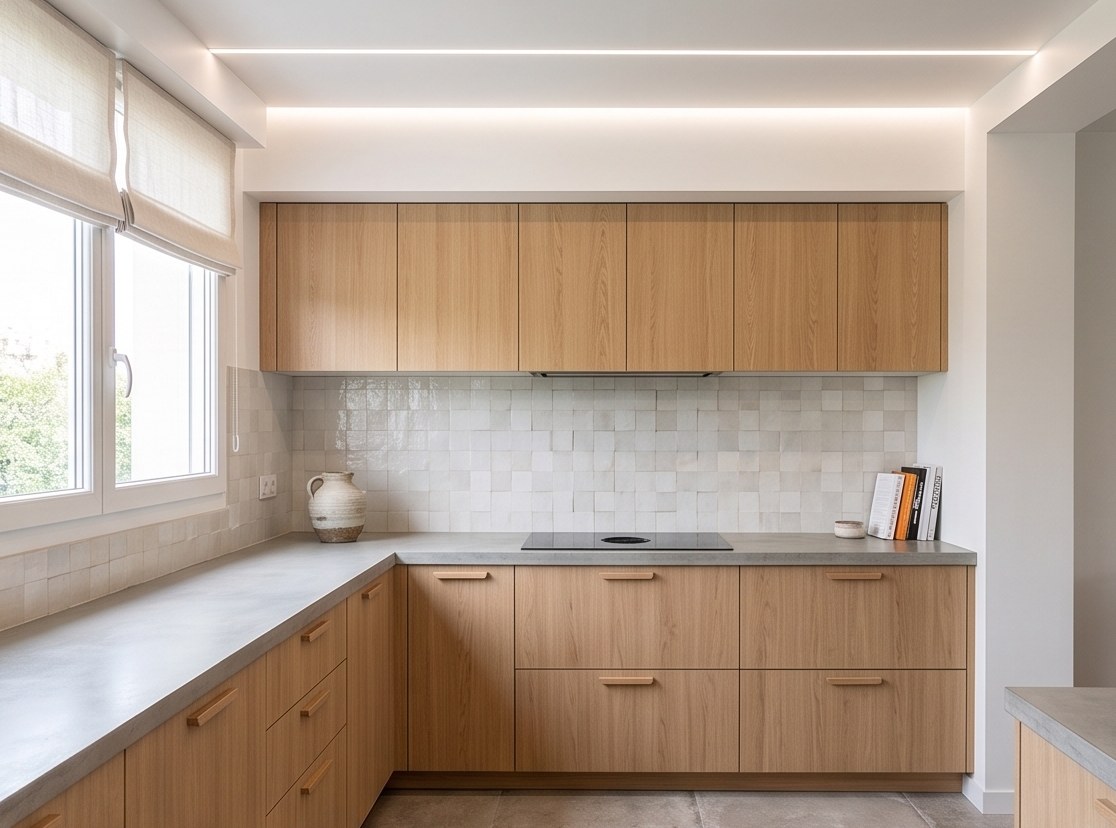 Cuisine rénovée : façades en chêne clair, crédence zellige blanc, plan de travail effet béton et plaque induction.