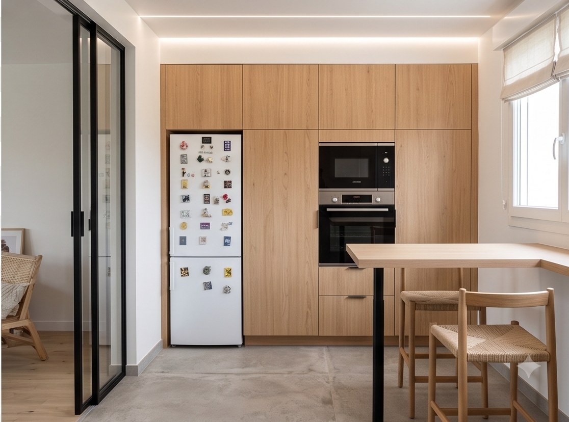 Même cuisine, autre angle après travaux : colonnes chêne clair intégrant four et micro-ondes, coin repas et verrière.