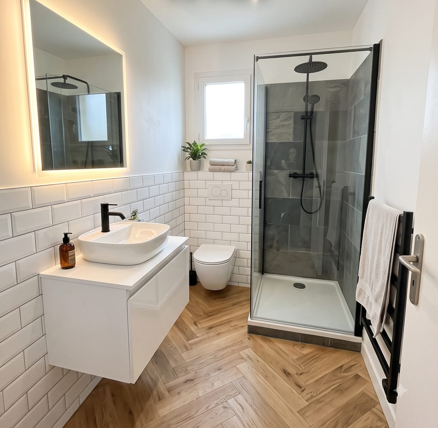Salle de bain rénovée : douche à l'italienne, vasque blanche, faïence métro et sol imitation parquet.