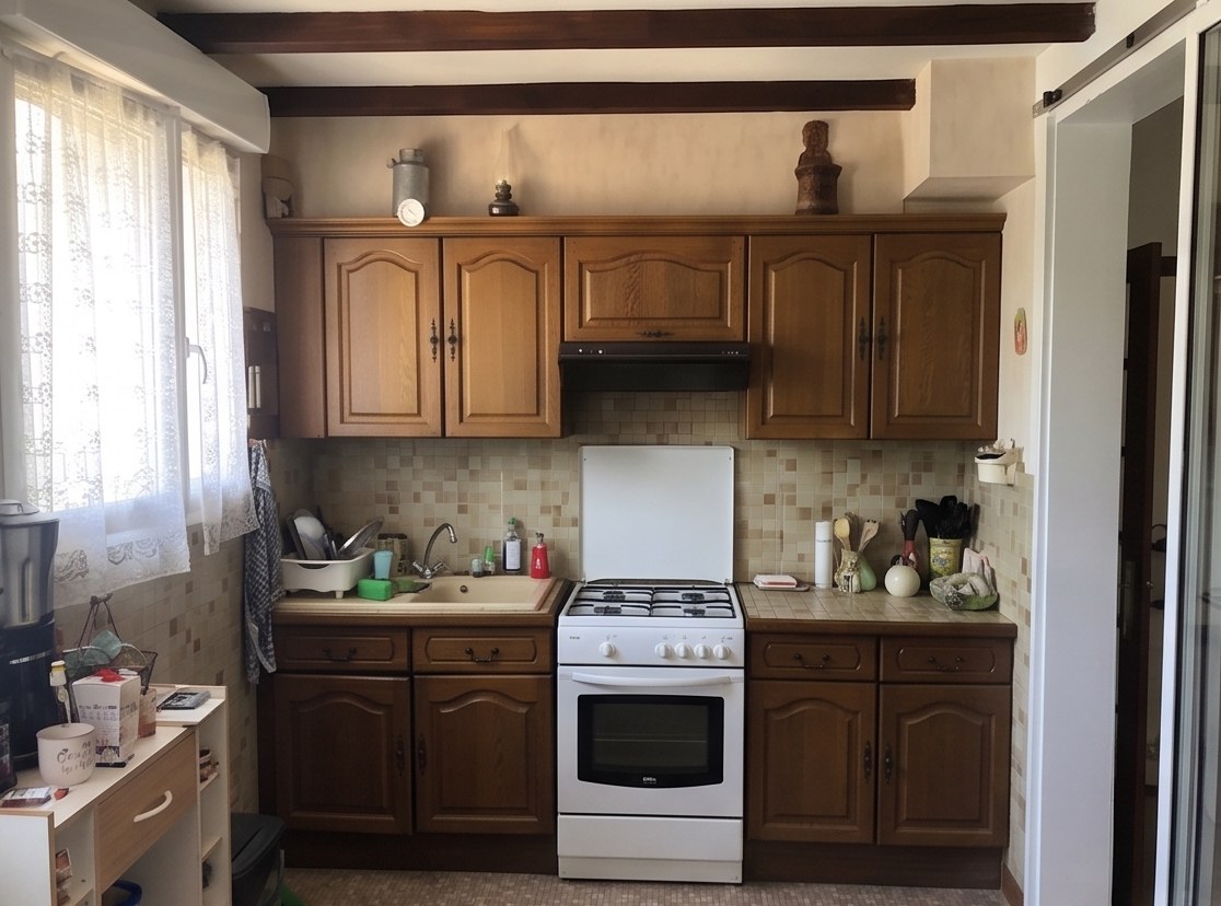Cuisine ancienne avant travaux : meubles en chêne rustique, gazinière blanche et crédence en faïence beige.