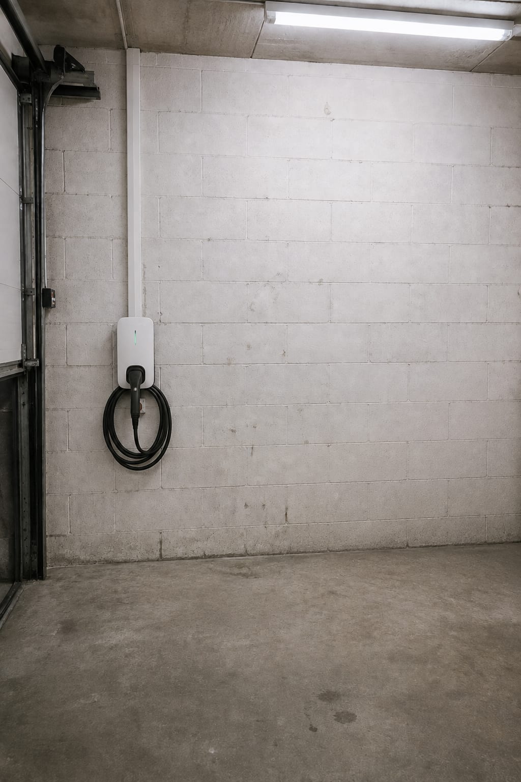 Même mur après travaux : borne de recharge murale blanche, câble enroulé sur son support et goulotte technique alignée jusqu’au plafond.