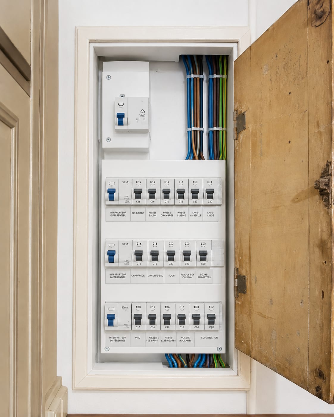 Même emplacement après travaux : coffret blanc aux normes, trois rangées de disjoncteurs, interrupteurs différentiels et étiquettes de repérage imprimées.