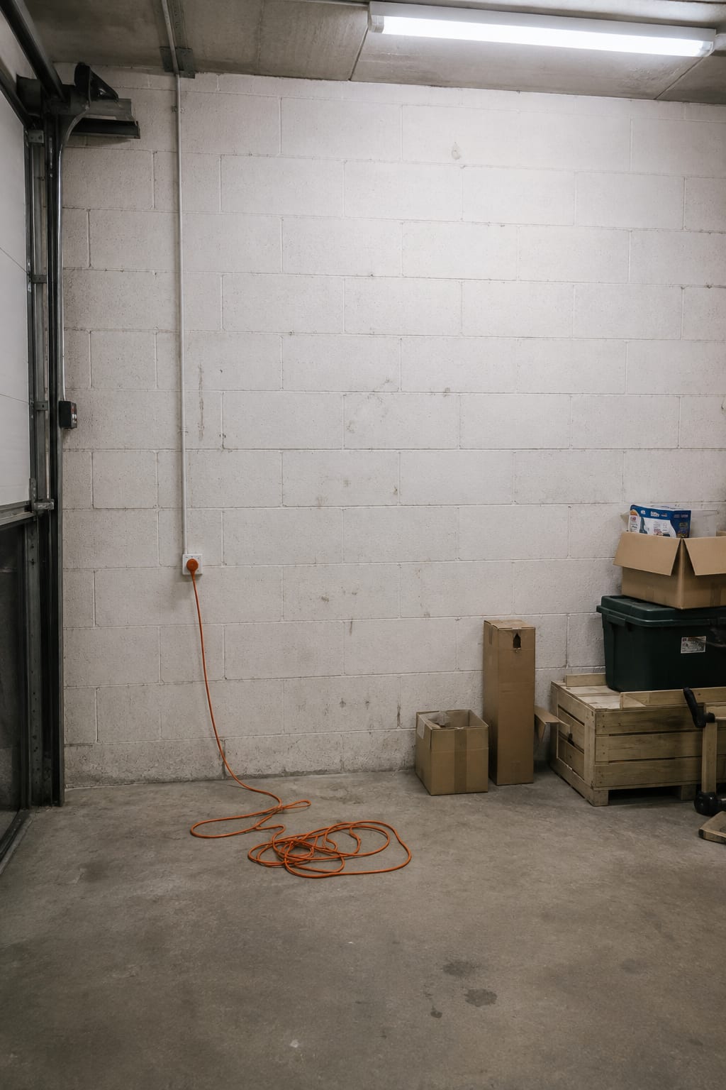 Mur de garage avant travaux : prise ordinaire et rallonge orange déroulée au sol, cartons entreposés le long du mur.