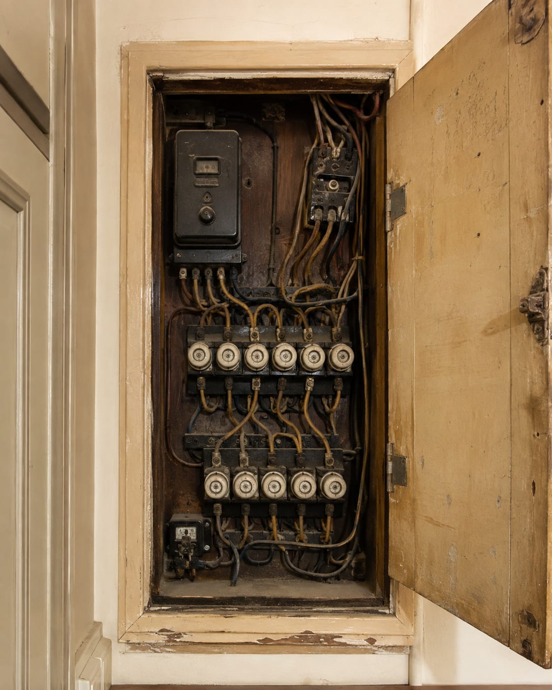 Tableau électrique avant travaux : coffret en bois, porte-fusibles en porcelaine, fils textile emmêlés, aucun disjoncteur différentiel.