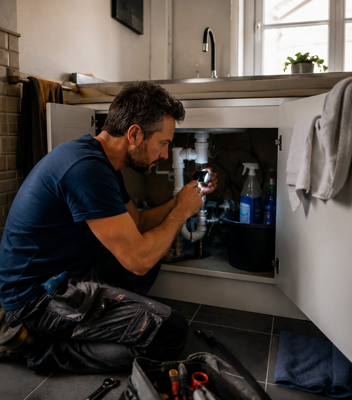 Sébastien Marlot, plombier, agenouillé sous un évier de cuisine : il inspecte le siphon à la lampe torche, caisse à outils ouverte au sol.