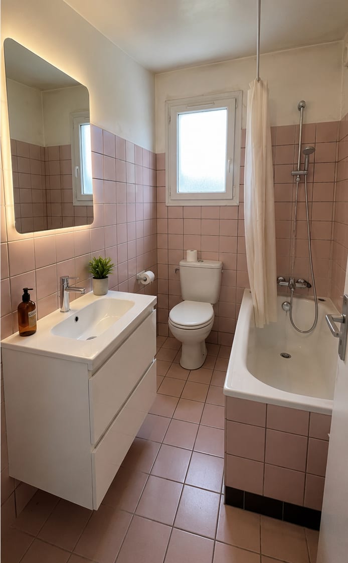 Même salle de bain après travaux : meuble vasque blanc suspendu, miroir rétroéclairé, baignoire et robinetterie remises à neuf, peintures reprises.