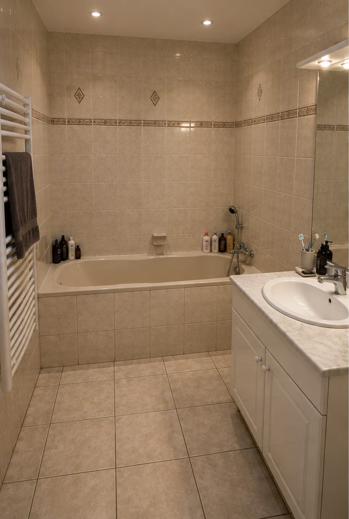 Salle de bain avant travaux : baignoire encastrée sous un tablier carrelé, mitigeur bain-douche et sèche-serviettes.